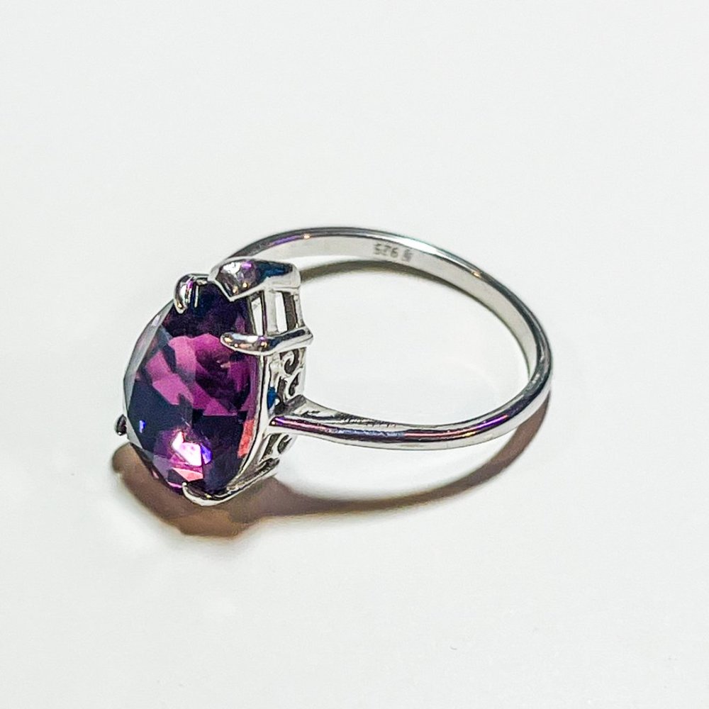 Size 9 FJ Black Satin Deep Purple Gemstone .925 SS Ring